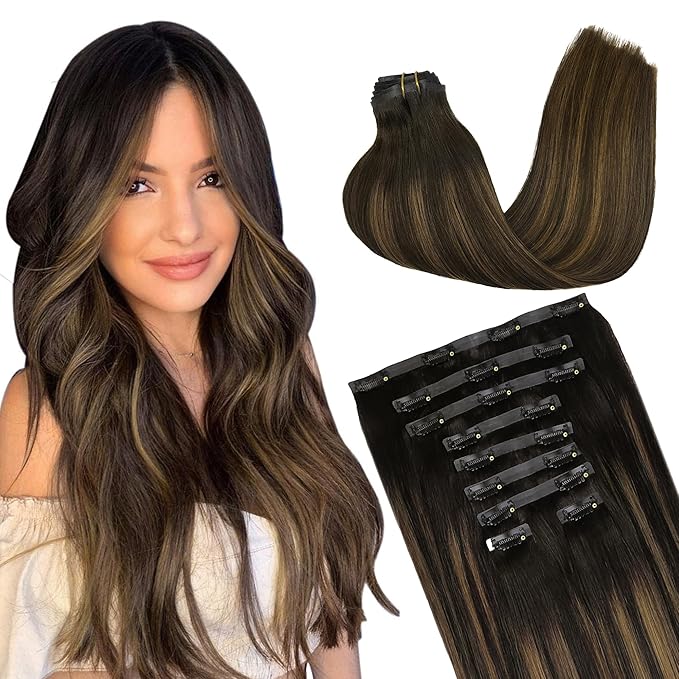 GOO GOO Clip in Hair Extensions Real Human Hair, Remy Human Hair Extensions Clip ins for Women, Natural Human Hair, 14inch 130g 9Pcs, 2/6/2 Balayage Dark Brown to Chestnut Brown