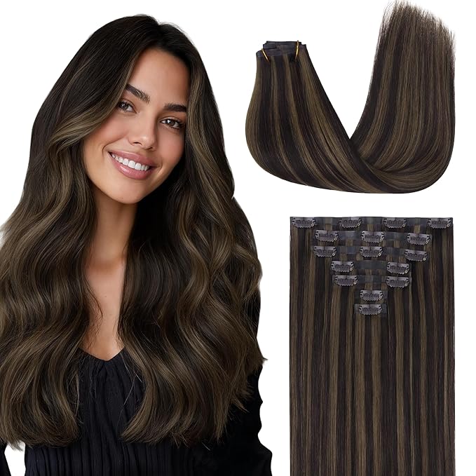 GOO GOO Clip in Hair Extensions Real Human Hair, Remy Human Hair Extensions Clip ins for Women, Natural Human Hair, 20inch 130g 7 Pcs, #2/6 Dark Brown Highlighted Chestnut Brown