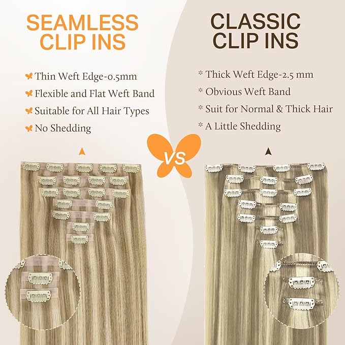 DOORES Seamless Clip-in Hair Extensions, Light Blonde Highlighted Golden Blonde, 24 Inch 160g 7pcs, Real Human Hair Straight Remy Thick Invisi Edge Weft