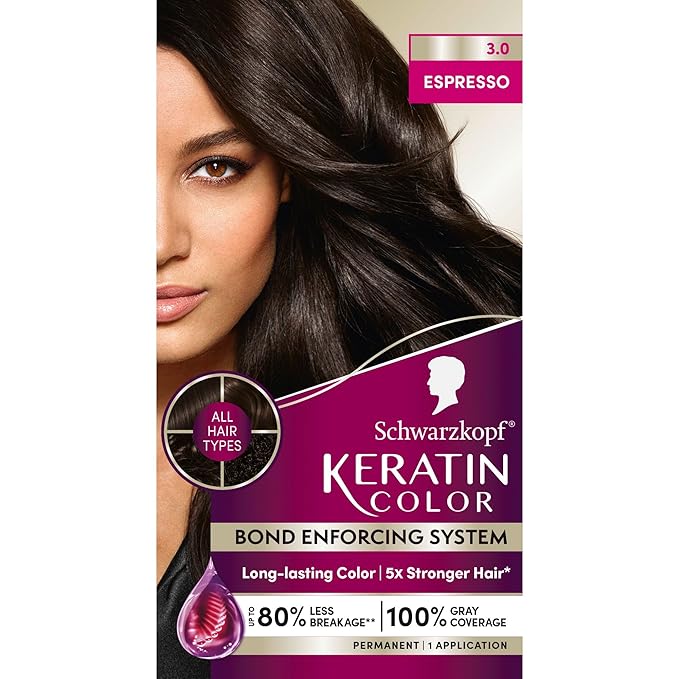 Schwarzkopf Keratin Permanent Hair Dye Cream, 3.0 Espresso, Professional Quality Color for Up to 100% Gray Coverage, Bond Enforcing System