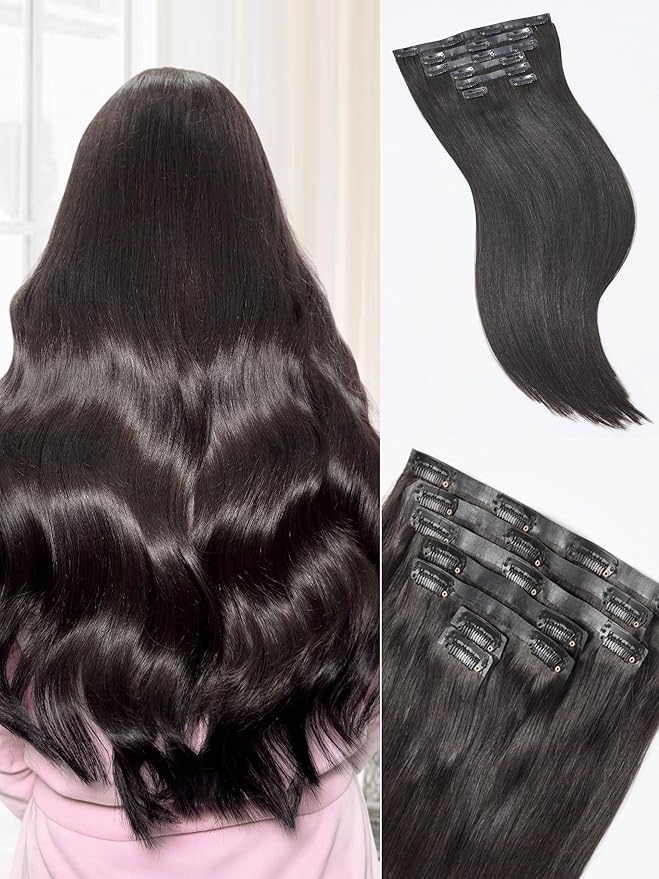 LUVME Straight Seamless 110g 7Pcs Clip in Hair Extensions Full Max with 20inch Remy Human Hair Extensions, Natural Black 100% Real Soft Human Hair