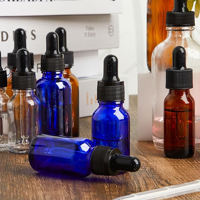 Lallisa 100 Pack Essential Oil Dropper Bottle 15 ml (1/2 Oz) Glass Dropper Bottles DIY for DIY Essential Oil Perfume with 5 Funnels 5 Pipettes 3ml 100 Labels for Bathrooms, Hotels, Labs (Blue)