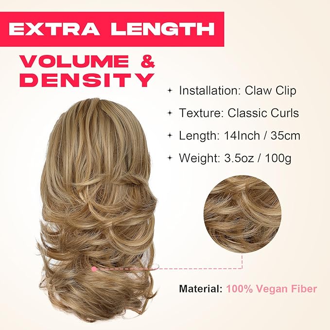 Ponytail Extension - 14" Claw Clip in Ponytail Hair Extensions Natural Soft Synthetic Layered Wavy Pony Tail Hair Pieces for Women - Light Brown with Highlights