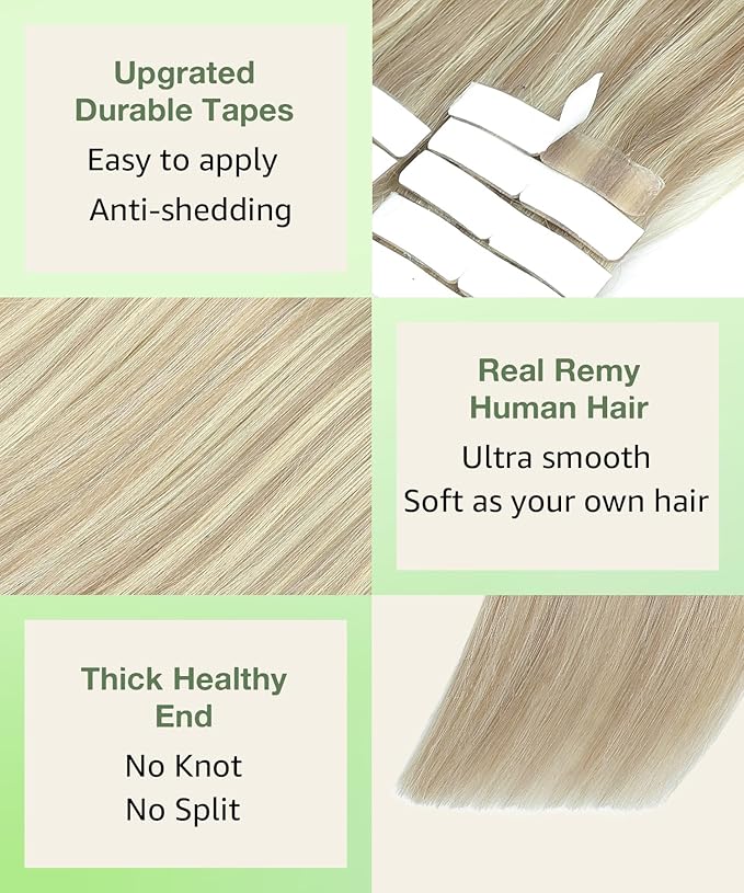 SURNEL Tape in Hair Extensions 22 inch Ash Blonde Highlight Bleach Blonde Tape in Human Hair Extensions 20pcs 50g(#18P613-22)
