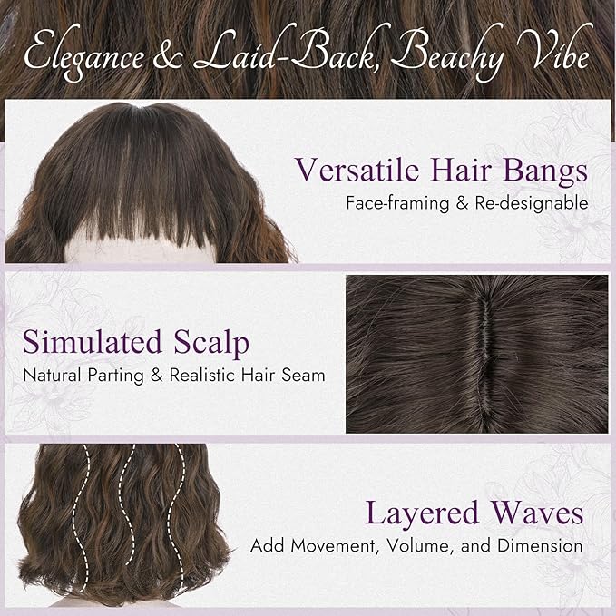 BARSDAR Short Wavy Brown Highlight Wig with Bangs - Short Brown Highlights Wigs for Women - Curly Wavy Textured French Bob Wig with Bangs Soft Synthetic Natural Looking Face-Framing Daily Party