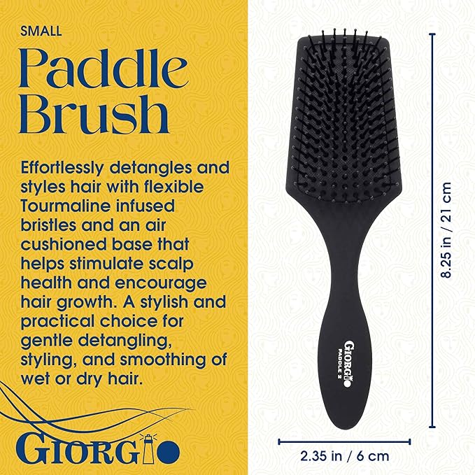 Giorgio Hair Brush Set - Black Paddle Brush with Tourmaline Ball Tip Bristles for Women, Men, Wet or Dry, Long, Thick, or Curly Hair