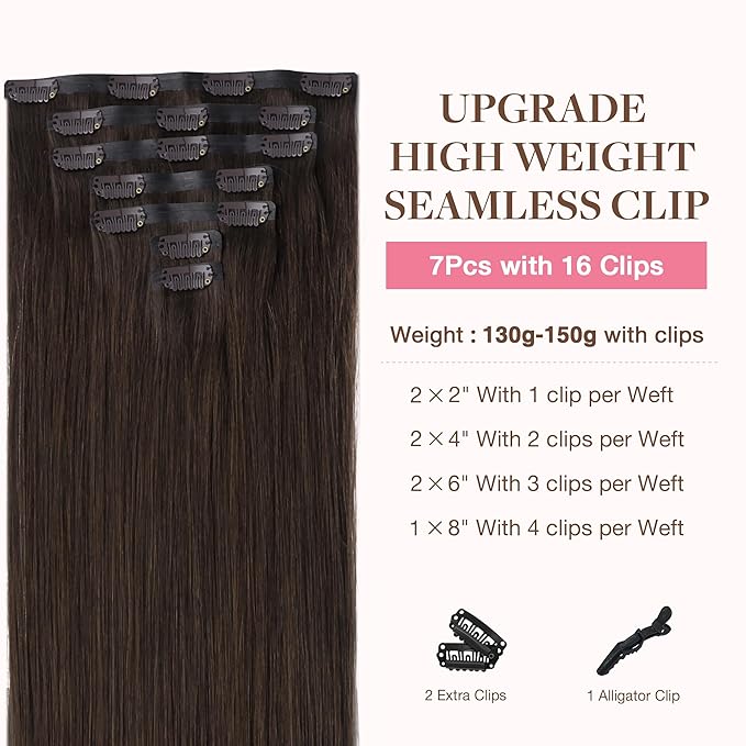 GOO GOO Clip in Hair Extensions Real Human Hair, Remy Human Hair Extensions Clip ins for Women, Natural Human Hair, 22inch 150g 7Pcs, 2A Light Brown