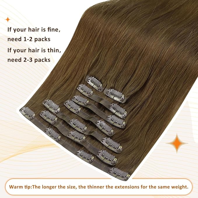 Full Shine Clip in Hair Extensions Real Human Hair Brown Seamless Hair Extensions Clip in with PU Weft Remy Human Hair Medium Brown Softness 18 Inch 8 PCS 120 G