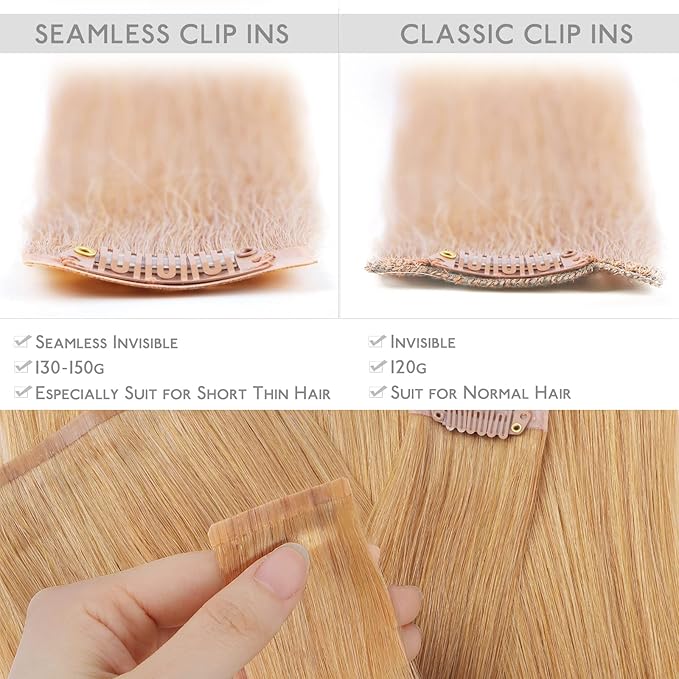 WENNALIFE Seamless Clip In Hair Extensions Human Hair, 16 Inch 130g 7pcs Strawberry Blonde Real Hair Extensions Clip in Human Hair Invisible PU Skin Weft Natural Remy Human Hair Extensions