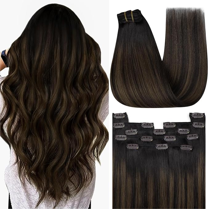 YoungSee Dark Brown Hair Extensions Clip ins Balayage Clip in Human Hair Extensions Dark Roots to Medium Brown Clip on Hair Extension for Women 14inch 120g