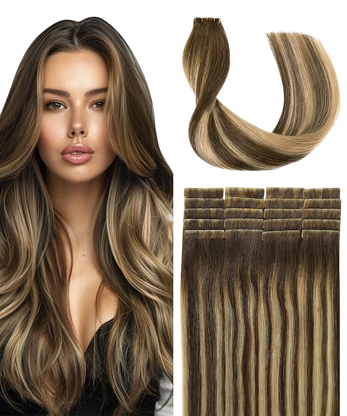 SURNEL Injection Tape in Hair Extensions Human Hair 16 Inch Chocolate Brown to Caramel Blonde Seamless Remy Invisible Tape in Extensions 20 Pcs 35g(#4274,16)