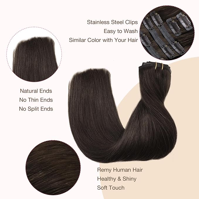 GOO GOO Clip in Hair Extensions Real Human Hair, Remy Human Hair Extensions Clip ins for Women, Natural Human Hair, 22inch 110g 7Pcs, 2A Light Brown