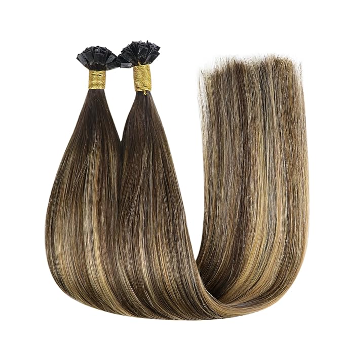YoungSee K Tip Hair Extensions Real Human Hair Balayage Brown with Blonde 16In K Tip Keratin Hair Extensions Balayage Pre Bonded Hair Extensions Comfortable and Soft Hair Extensions Ktip 50S/50G