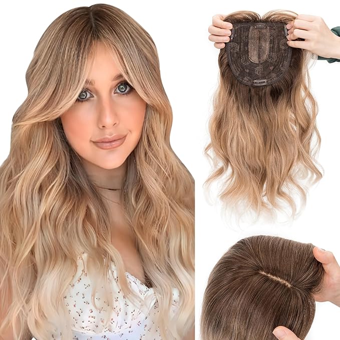 Hairro 18 Inch Long Hair Toppers Wavy with Side Bangs for Women, Clips In Synthetic Hairpieces Capless, for Adding Volume/Birthday/Party/Halloween/Cosplay Dress Up, Blonde mix White with Brown Root