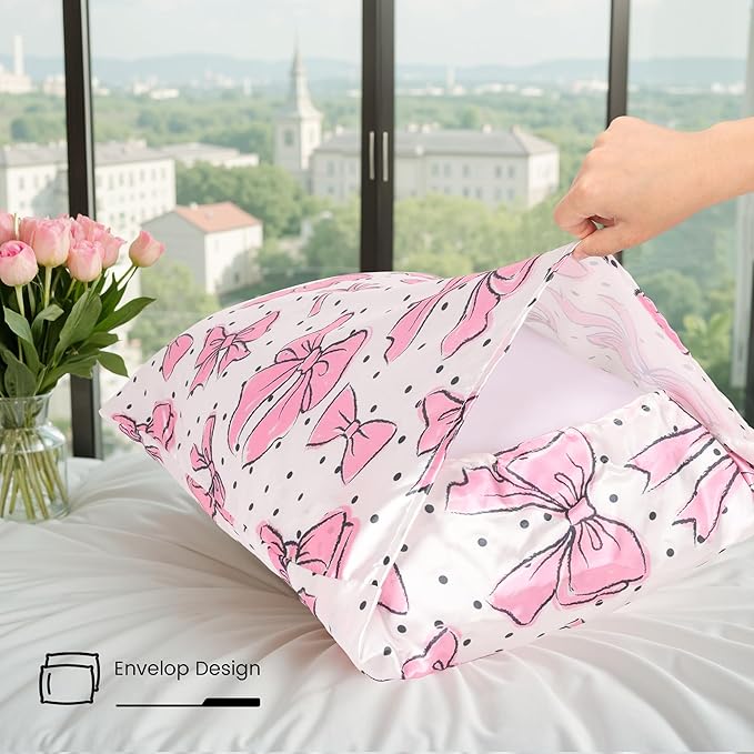 Bow Pink Satin Pillowcase for Hair & Skin Care, Queen Size Set of 2 - Luxurious Satin Pillow Cover with Envelope Closure(20x30 Inches)