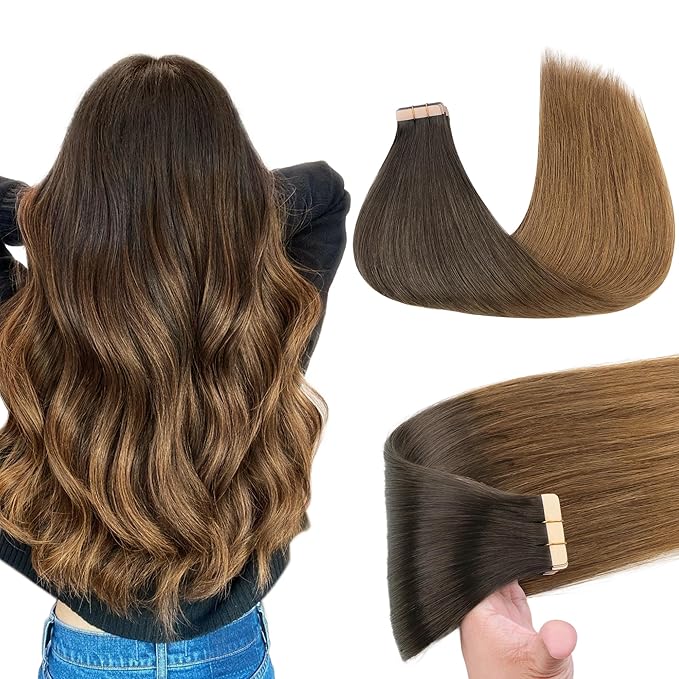 GOO GOO Tape in Hair Extensions Human Hair, 1D/2C/4E Chocolate Dip Color Melt, 18inch 25g 10pcs, Skin Weft Seamless Invisible, Silky Straight with Thick Ends, Remy Human Hair