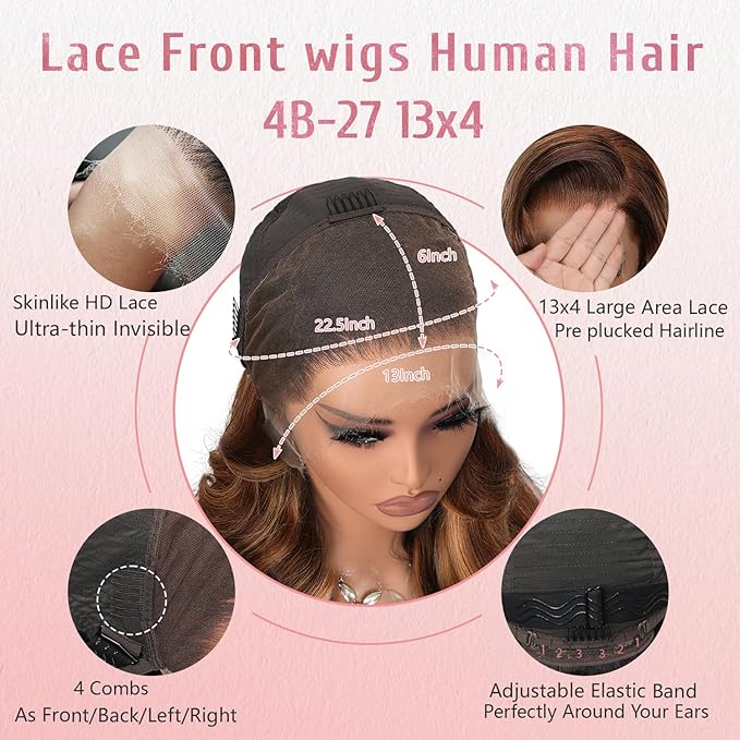 13x4 Full Lace Frontal Wig Highlight Ombre Honey Blonde Wig Human Hair Skinlike Swiss HD Lace Wig Pre plucked Bleached Knots with Natural Hairline 200% Density Glueless Body Wave Lace Front Wigs