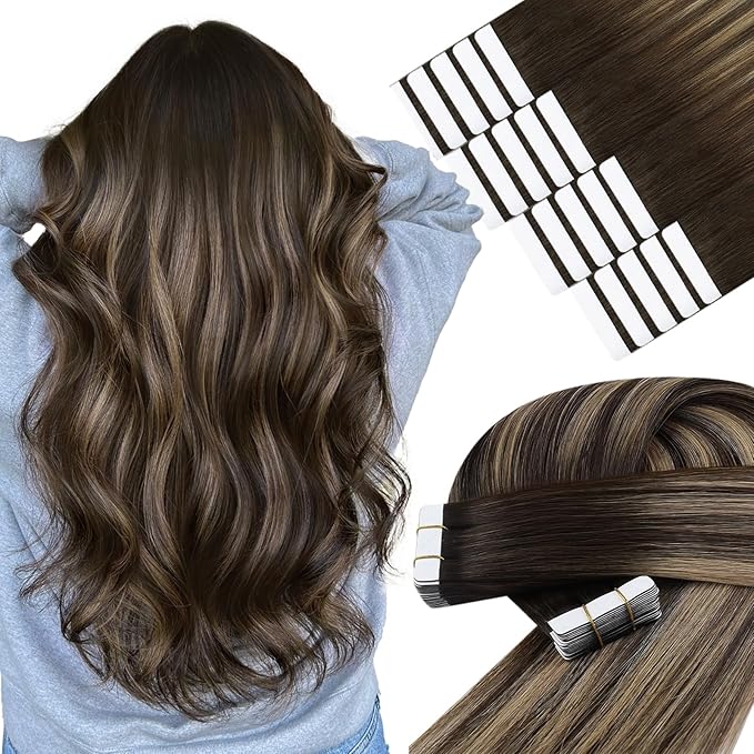 YoungSee Human Hair Tape in Extensions Brown Balayage Tape in Hair Extensions Real Human Hair 16 Inch Dark Brown Ombre Blonde Hair Extension Tapes in 20pcs Invisible Tapein Hair Extension 50g