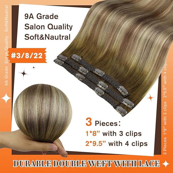 Full Shine Clip in Hair Extensions Human Hair Ombre Hair Extensions Clip Ins Medium Brown Ombre to Light Brown and Blonde Real Hair Extensions Clip Ins 12 Inch for Short Hair 3 PCS 60 G