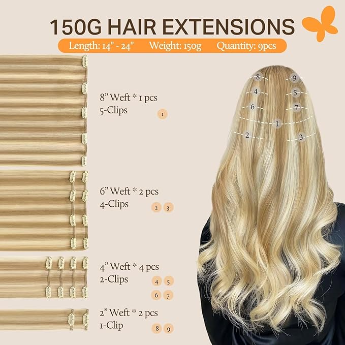 DOORES Human Hair Extensions Clip in, Dark Blonde Highlighted Bleach Blonde 150g 9pcs 22 Inch, Clip in Hair Extensions Real Natural Silky