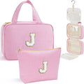 YOOLIFE Travel Toiletry Bag Makeup Bag - Hanging Toiletry Bag for Women, Portable Toiletries Travel Bag and Cosmetic Bag, Airplane Travel Essentials Travel Toiletry Bag - Letter J, Pink