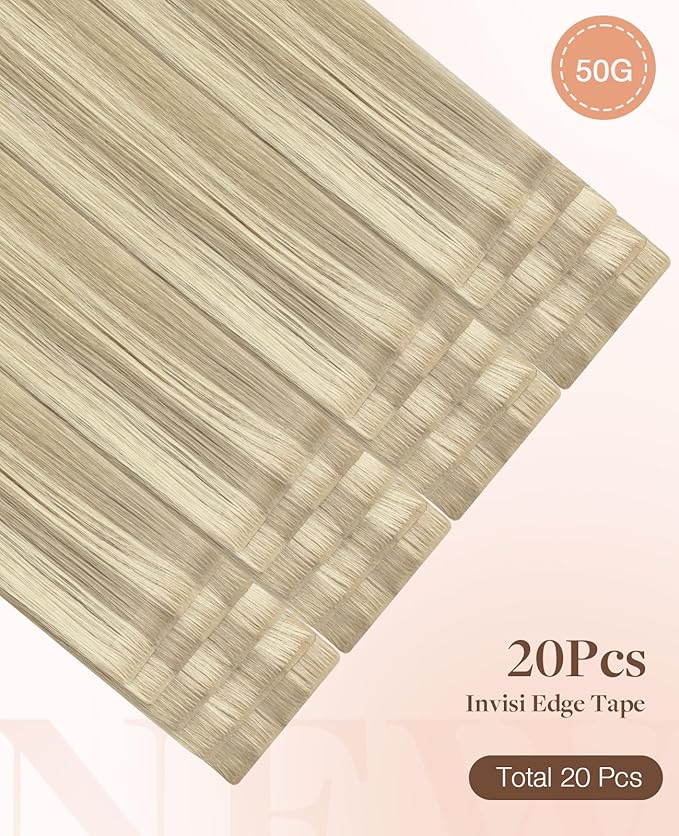 GOO GOO Invisi Edge Tape in Hair Extensions Human Hair, 17A/60A Ash Blonde Highlighted Platinum Blonde, 20pcs 14inch 50g, Virgin Remy Hair, Seamless Injected Tape, Natural Look