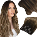 Moresoo Brown to Blonde Clip in Hair Extensions Remy Human Hair Balayage Dark Brown to Golden with Dark Honey Blonde Double Weft Hair Clip Extensions for Women Thick to Add Volume 150g/7pcs 22in