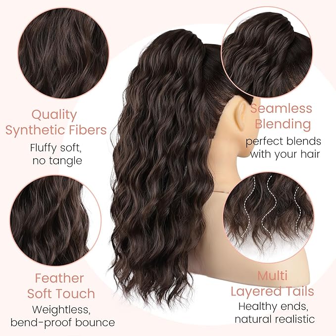 Ponytail Extension, 18 Inch Claw Clip Ponytail Extensions Wavy Ponytail Hair Extension for Women Fluffy Natural Synthetic Jaw Clip on Pony Tails Hairpiece for Daily Use (Dark Brown)
