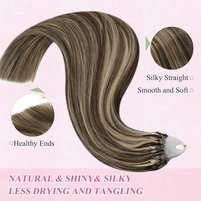 YoungSee Micro Link Hair Extensions Human Hair Highlight Micro Loop Hair Extensions Real Human Hair Dark Brown Highlighted Blonde Invisible Beaded Hair Extension Long Hair 24In for Wedding 50g 50s