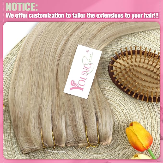YoungSee 135g Invisible Wire Hair Extensions Real Human Hair Highlights Wire Human Hair Extensions Ash Blonde Highlights Bleach Blonde Headband Hair Extension Human Hair for Natural Look 24inch