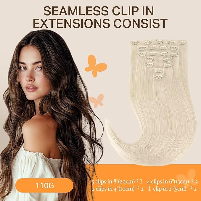 DOORES Seamless Clip in Human Hair Extensions - Platinum Blonde, 24 Inch, 7pcs 120g - Remy Straight Hair With Invisi Edge
