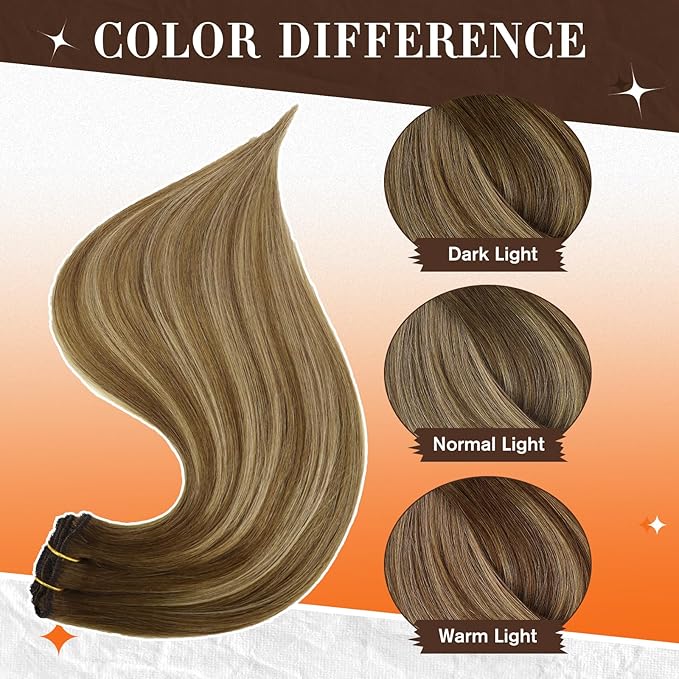 Full Shine Human Hair Clip in Extensions Brown Lace Clip in Human Hair Ombre Brown Fading to Blonde Highlight Straight Hair for Women 16 Inch 3 PCS 60 Grams