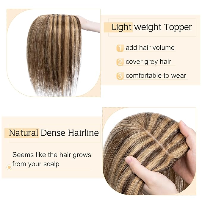 SEGO Human Hair Toppers for Women With Thinning Hair, 7 * 13CM Silk Base 100% Real Human Hair Clip in Top Wiglet Hairpieces /6 Inch No Bangs Medium Brown&Dark Blonde