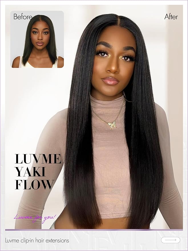 LUVME Yaki Straight Seamless 70g 4Pcs Clip in Hair Extensions Full Max with 20inch Remy Human Hair Clip ins Extensions, Natural Black 100% Real Soft Hair