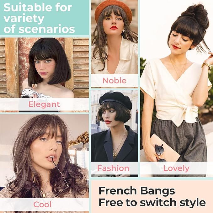 Clip in Bangs, Synthetic French Bangs Hair Clip, Fake Bangs Fringe with Temples Hairpieces for Women Natural Curved Hair Extensions for Daily Wear Natural Black