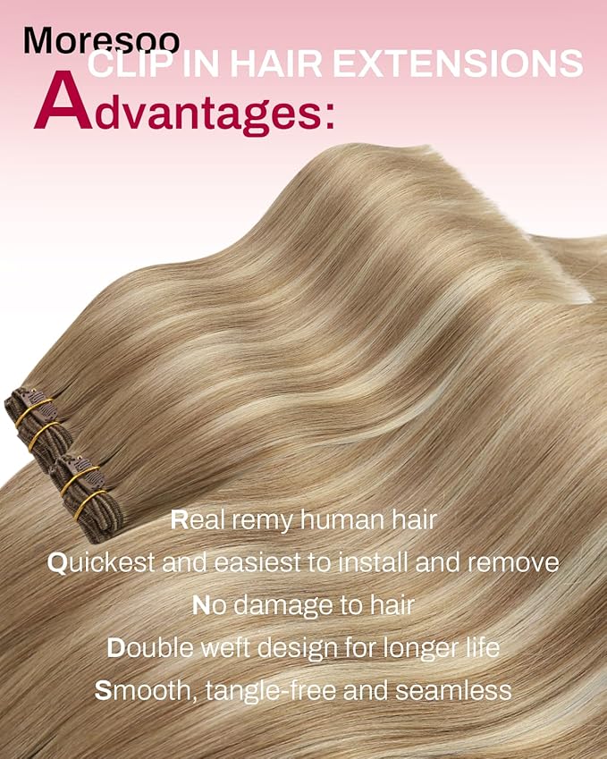 Moresoo Seamless Clip in Human Hair Extensions Light Brown to Medium Blonde Balayage Clip in Brown Blonde Hair Extensions for Women Remy Human Hair Clip ins Invisible 120g/7pcs 20 inch