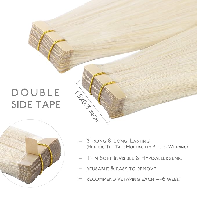 WENNALIFE Tape in Hair Extensions Human Hair, 20pcs 50g 18 inch Platinum Blonde Remy Hair Extensions Straight Human Hair Tape in Extensions Skin Weft Tape Extensions Human Hair