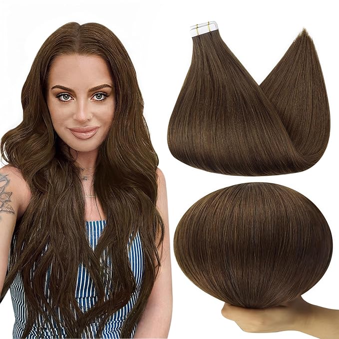 Full Shine Brown Tape In Hair Extensions Human Hair 20 Inch Seamless Skin Weft Hair Color 4 Medium Brown Straight Silky Hair Extensions Tape Ins 40 Pcs Invisible Tape In Extensions 100 Gram Add Volume