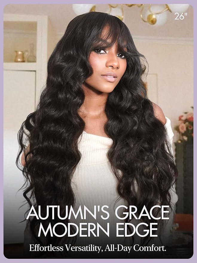 LUVME HAIR 7x6 HD Lace All-Day Comfort Wig with Bangs 200% Density Hair PartingMax Lace Wigs Loose Body Wave Lace Front Wigs Human Hair Pre Cut Plucked Lace Frontal Glueless 28 Inches