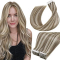 LaaVoo Tape in Hair Extensions Human Hair Seamless Tape on Extensions 14Inch 40Pcs 100G Hair Extension Tapes in Blonde Highlights with Brown Skin Weft