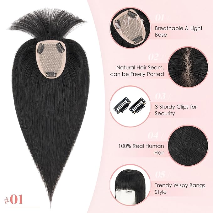 Hairro Human Hair Toppers with Wispy Bangs, 3.5x4.7" Hand-wovened Base for Women with Thinning Hair, Lightweight & Breathable Realistic Scalp, Clip-in Hairpieces for Easy Wear, 16 Inch Jet Black