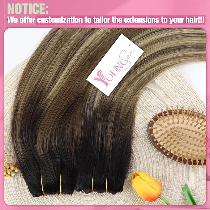 YoungSee 120G Wire Hair Extensions Dark Brown Ombre Medium Brown with Blonde Wire Hair Extensions Human Hair Balayage One Piece Hair Extension Real Human Hair for Women 18Inch