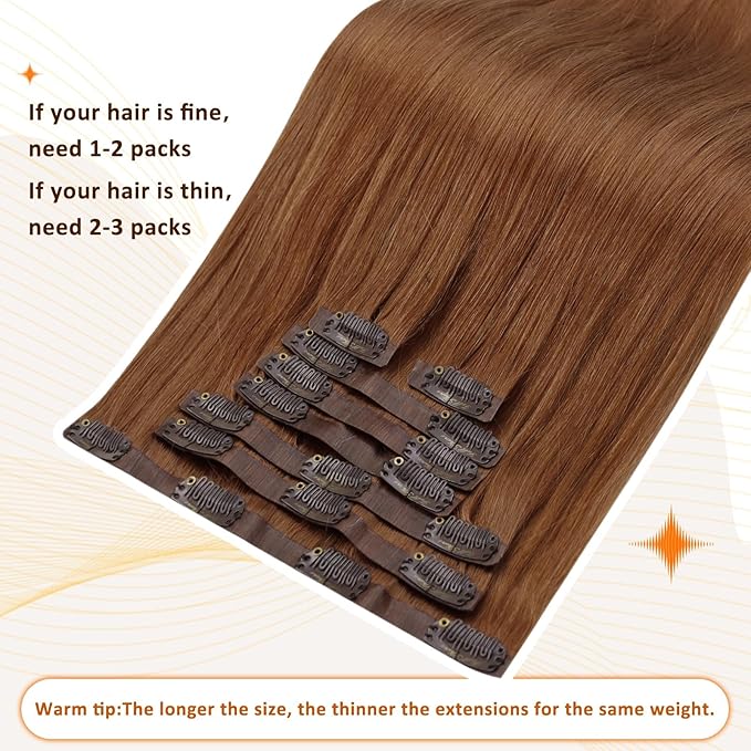Full Shine Seamless Human Hair Clip in Extensions Copper Seamless Clip in Hair Extension Real Human Hair 24 Inch Straight Clip ins for Women Add Volume 8 PCS 120 G
