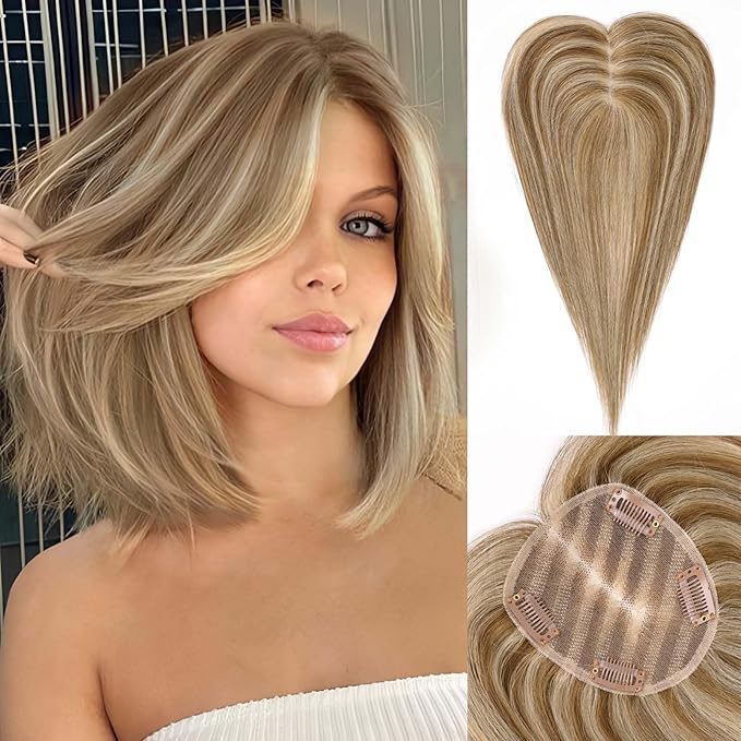 starluck Hair Toppers for Women Real Human Hair No Bangs, 100% Remy HumanHair Toppers for Women Hand-woven with Thinning,Cover Gray Roots,Adds Volume, Mixed Blonde And Brown