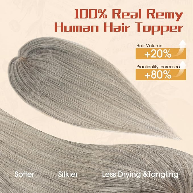 Rich Choices Human Hair Toppers for Women-100% Real Remy Hair Topper No Bang-Upgraded 150% Density 9 * 12CM Lace Base-Clip in Hairs Topper for Thinning Hairs-10Inch #G3 Salt and Pepper Grey