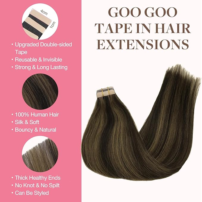 GOO GOO Tape in Hair Extensions Human Hair, 2/6 Dark Brown Highlighted Chestnut Brown, 22inch 30g 10pcs, Skin Weft Seamless Invisible, Silky Straight with Thick Ends, Remy Human Hair