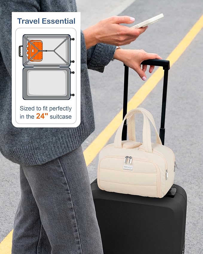 TOPDesign Travel Toiletry Bag for Women, Puffer Large Toiletry Bag, Lightweight Cosmetic Makeup Organizer with Handle for Traveling, Accessories, Essentials, Toiletries (Beige)
