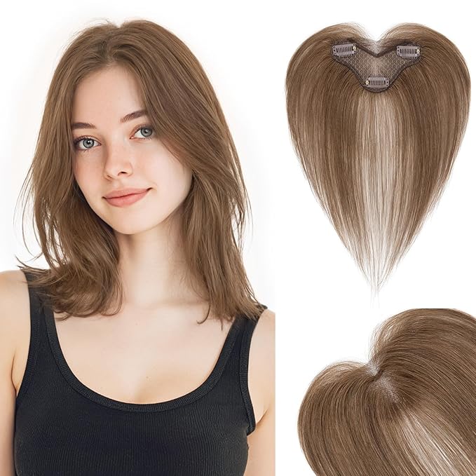 Hairro Human Hair Toppers For Women Wispy Thin Short Wiglet Hairpieces Natural No Bang Middle Part Side Bangs Hair Clip 11 Inches 14.5g #04 Medium Brown