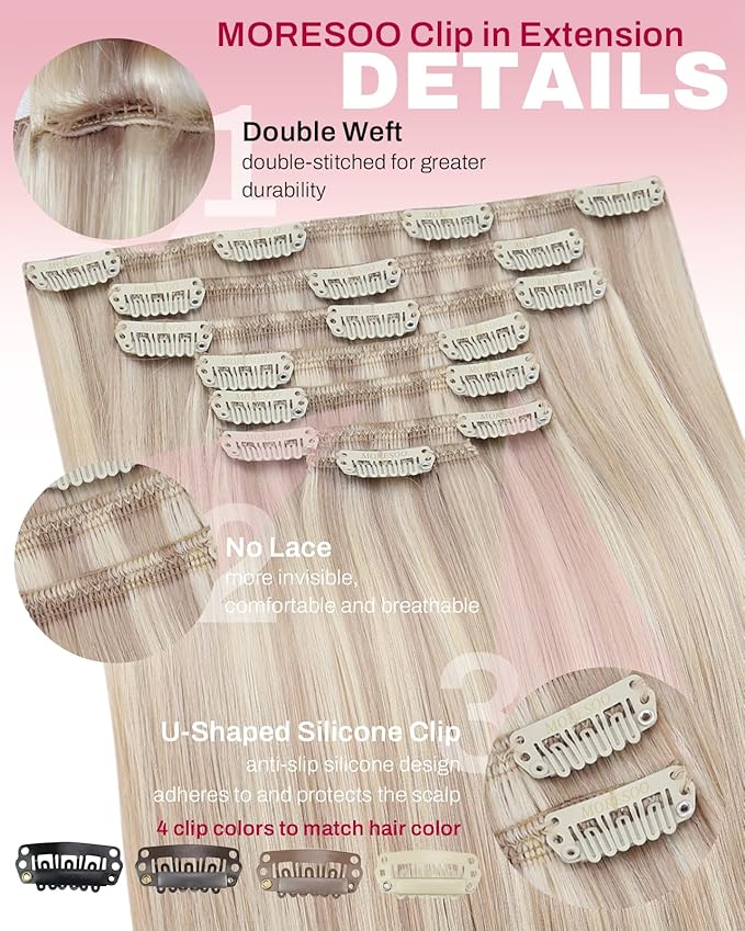 Moresoo Blonde Clip in Hair Extensions Blonde Highlights Human Hair Clip in Extensions Ash Blond with Bleach Blond Remy Human Hair Long 120g/7pcs 22 inch