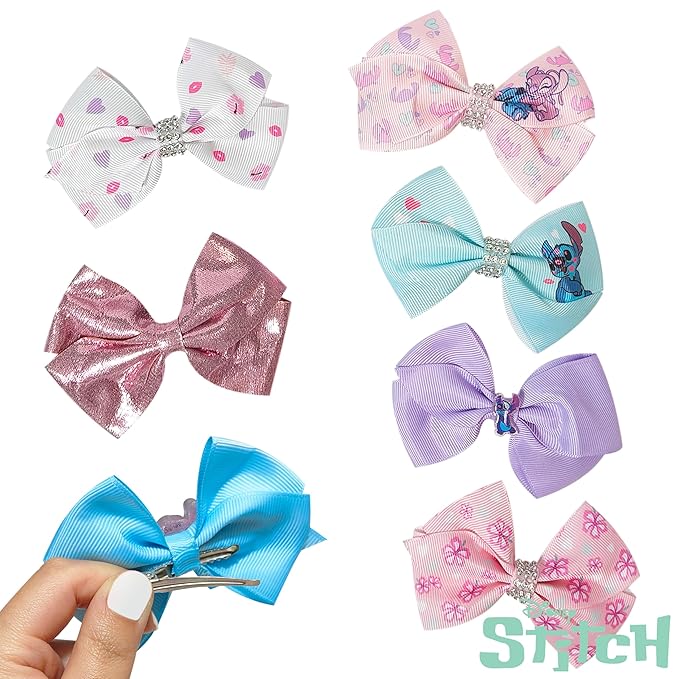 LUV HER Lilo & Stitch Licensed Girls Hair Bows - Themed Hair Accessories Gift Set, 7-Piece 4-Inch Bundle, Alligator Clips, Ages 3+